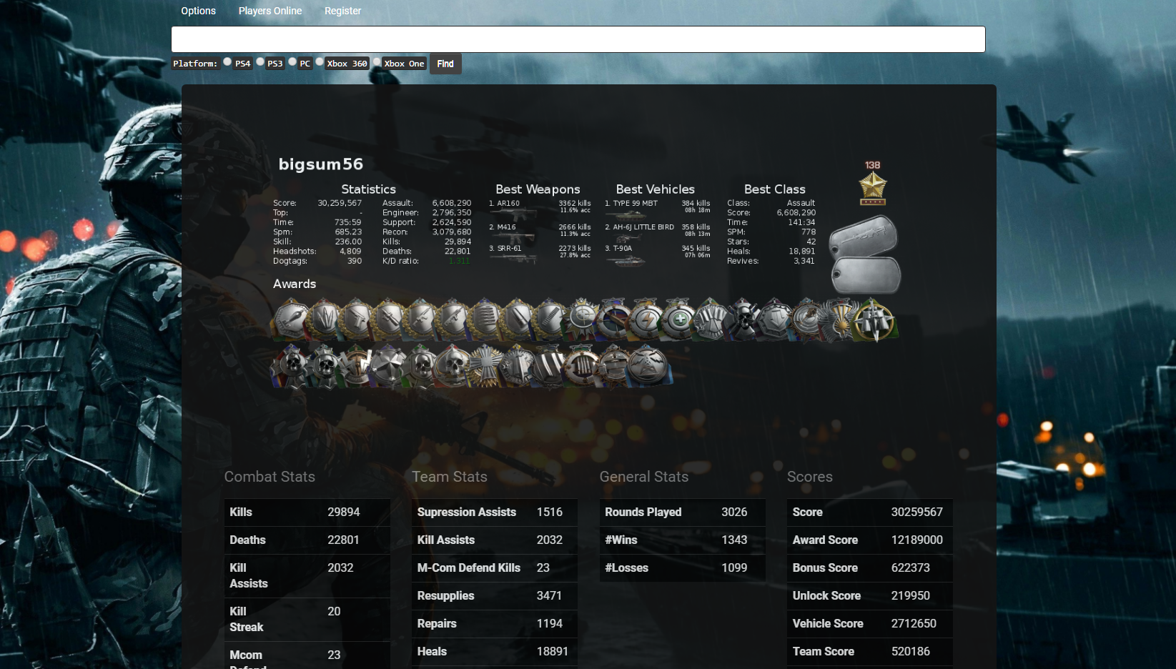 Once player is found, show stats. Image has built in stats/medals.