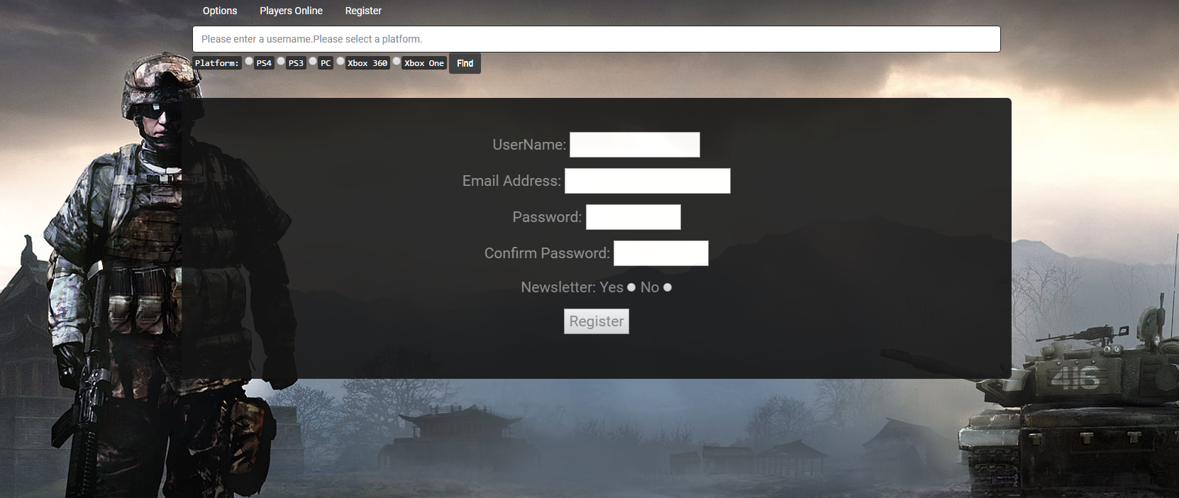 Register page, for newsletters.