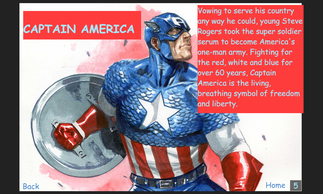 E-book style, Back and Next feature. Last Page, with home link.