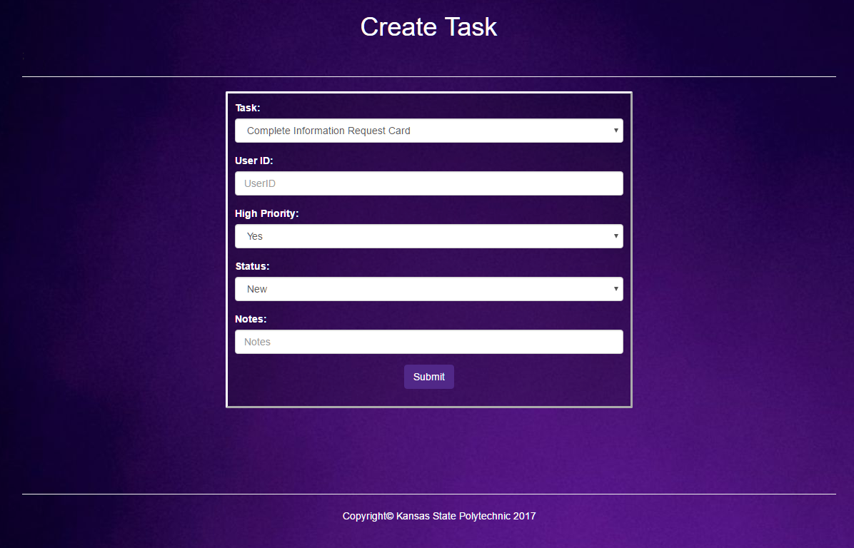 Task Creation page for admin, assigned to the student with corresponding userID. 