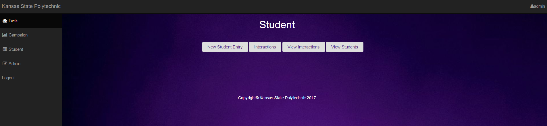This is the Student
                                portion of the system.  Created for 'student workers' to add new enrolled students, to view interactions assigned to them.  If your the admin, 
                                you can assign tasks to the student workers for them to complete. You can also view the students in the system.