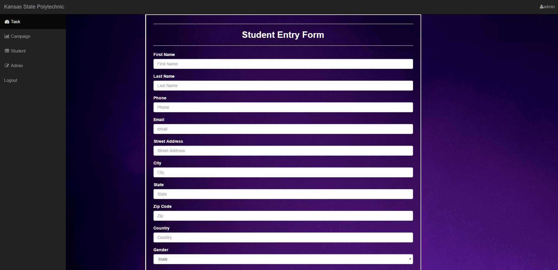 Student Entry form, for student workers to enter newly enrolled k-state students.  
                                If they did not already enroll online, the student worker would fill this out, and enter them into the database. 