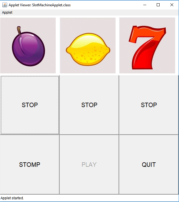 While images are randomizing you can either, hit stop buttons individually
                                or stomp button to stop all three. Quit, exits applet.